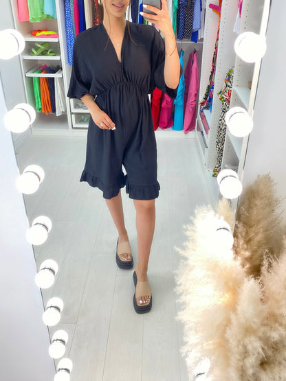 Aicha V Neck Drop Sleeve Ruffle Hem Playsuit