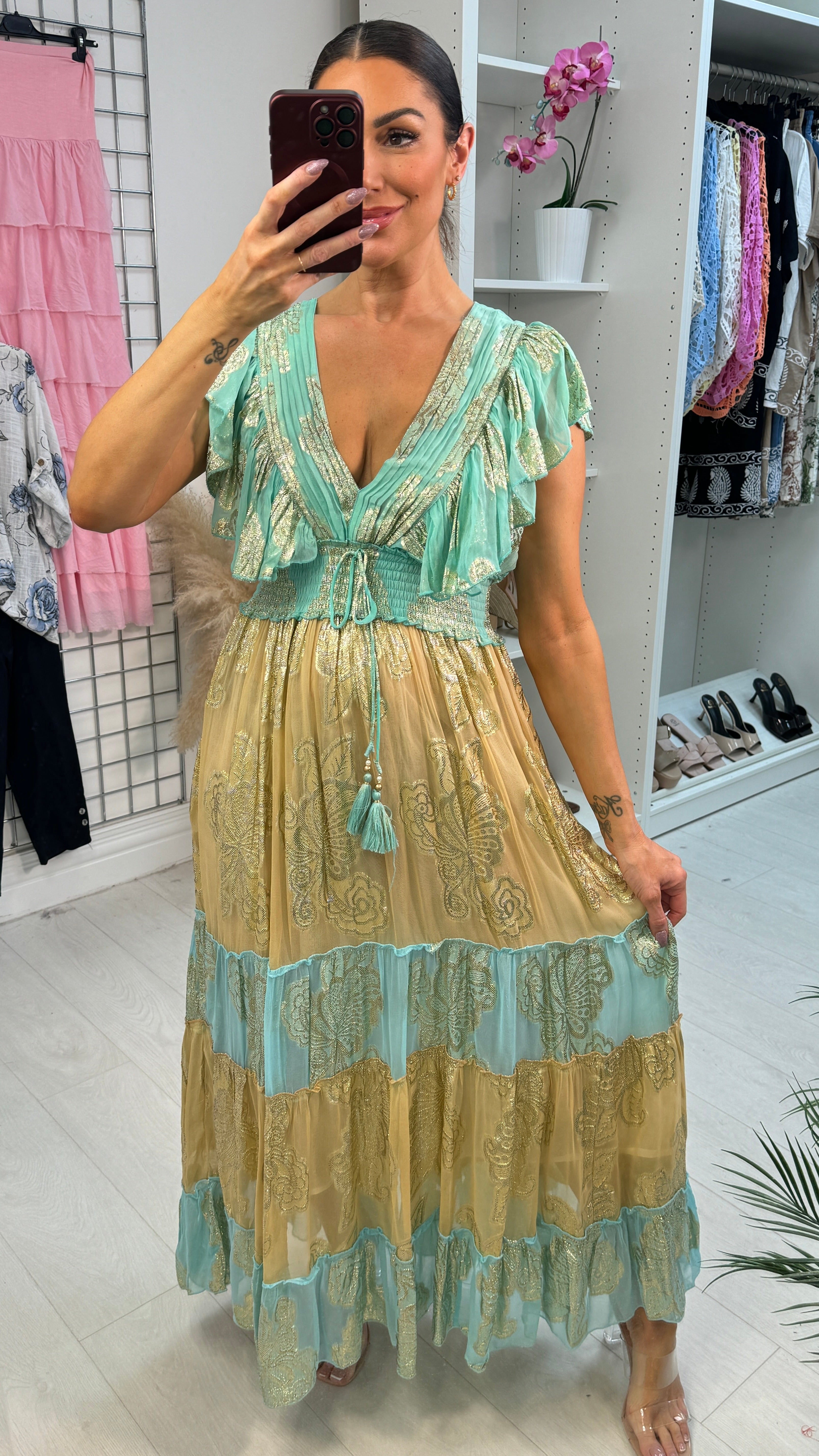 Aurelia Gold Detailed Short Sleeve Maxi Dress