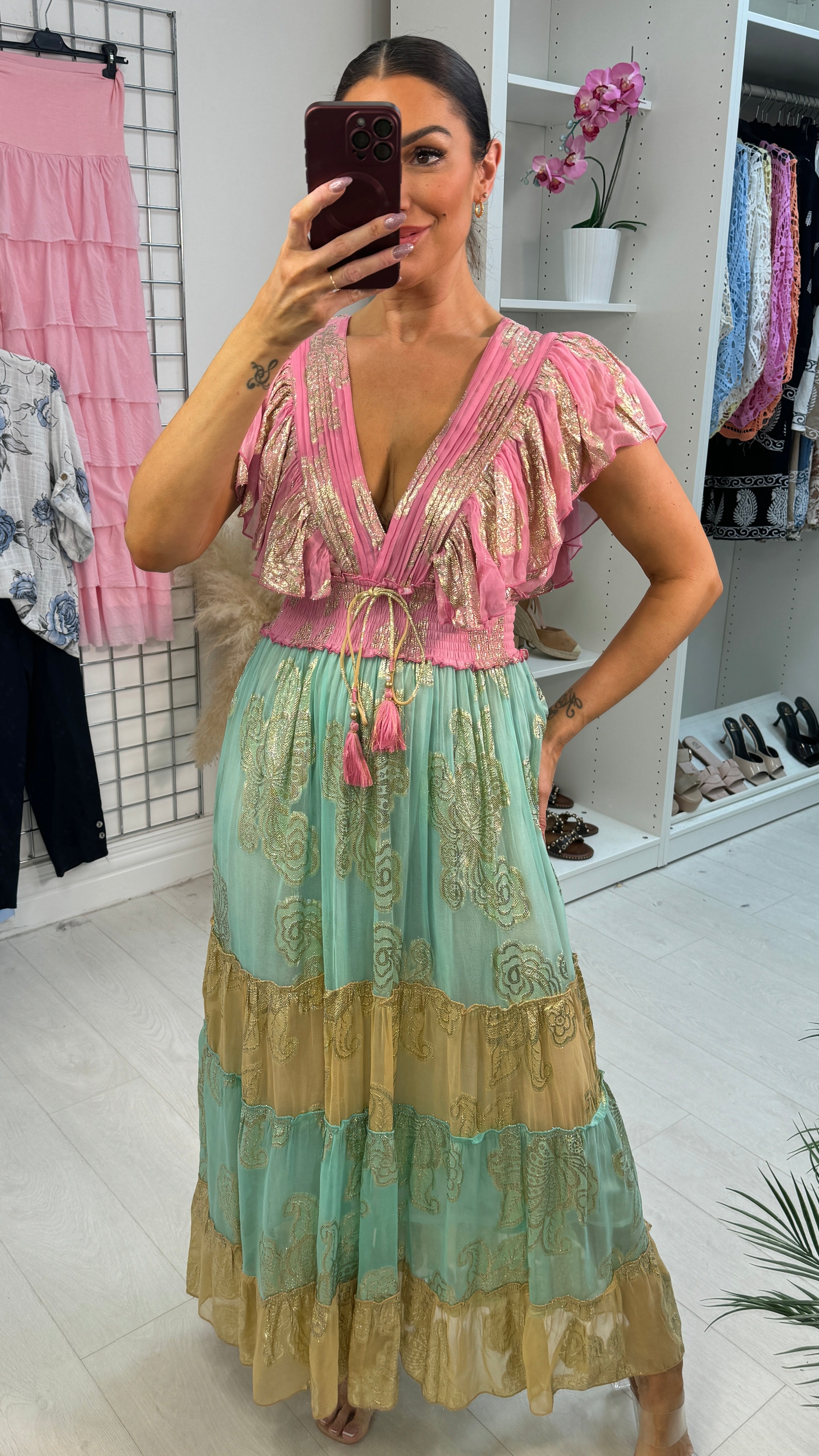 Aurelia Gold Detailed Short Sleeve Maxi Dress