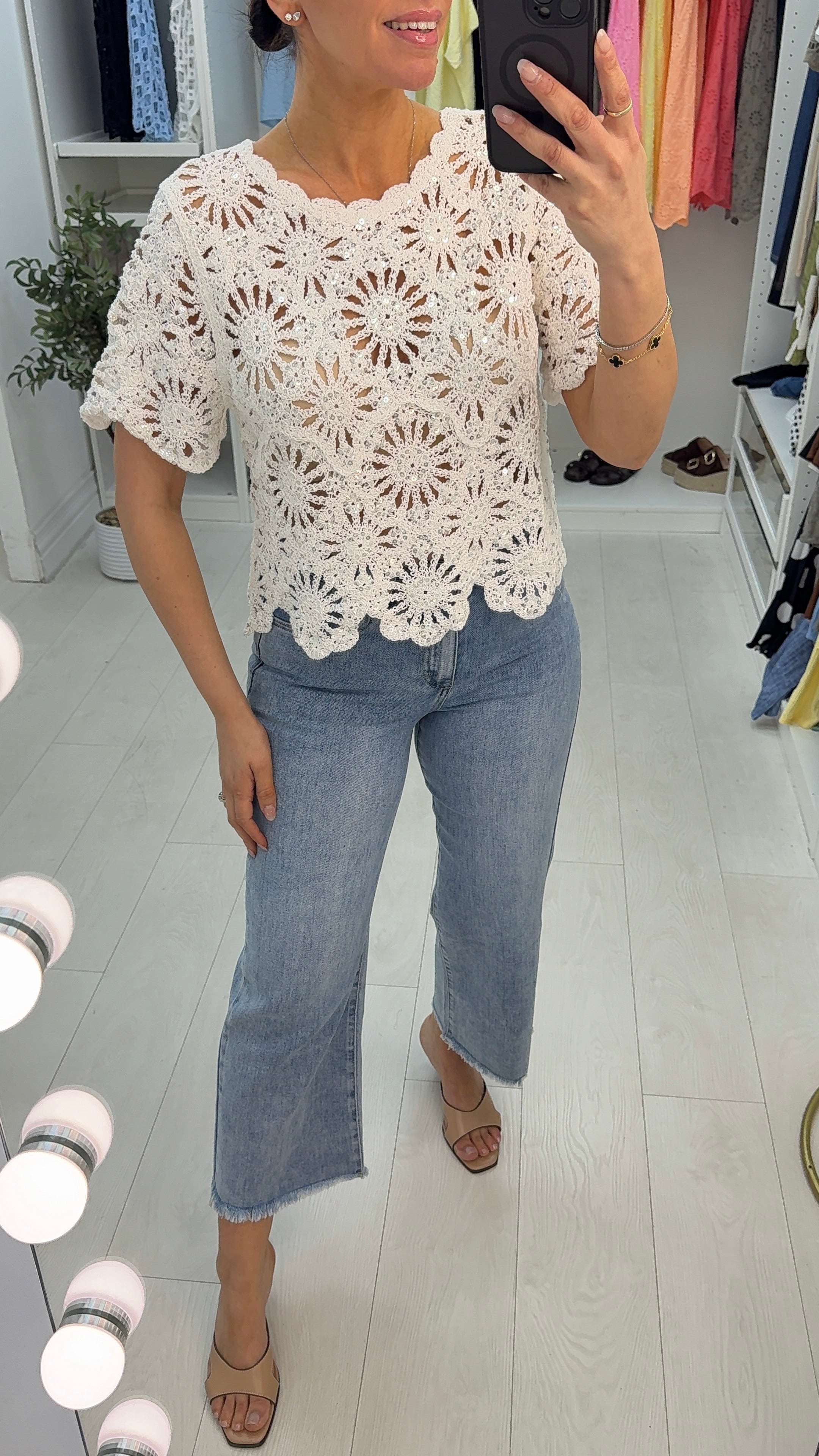 Jaymee Embellished Short Sleeve Crochet Top