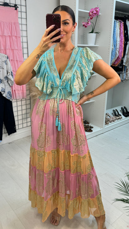 Aurelia Gold Detailed Short Sleeve Maxi Dress