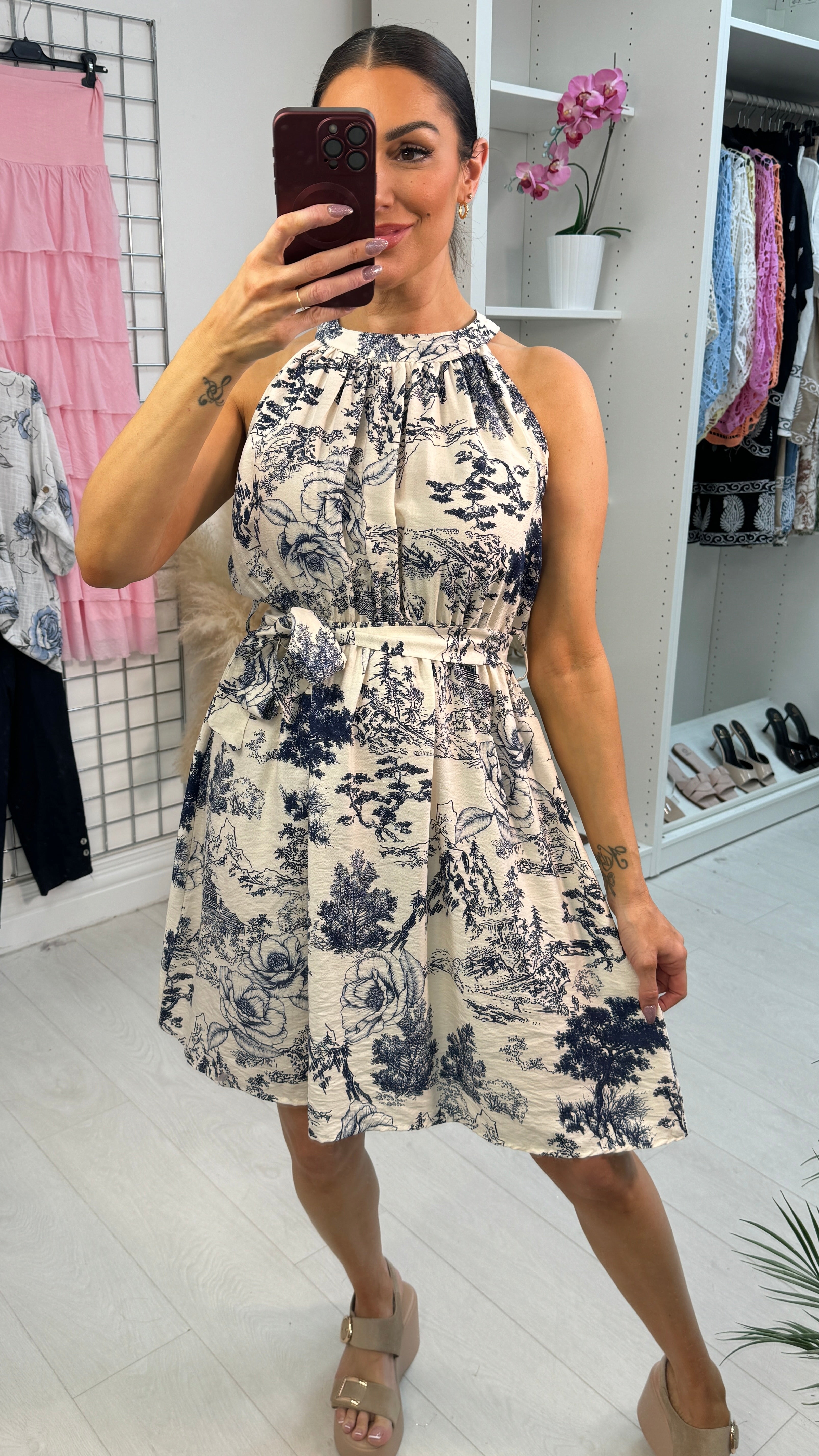 Gracie Printed High Neck Belted Midi Dress