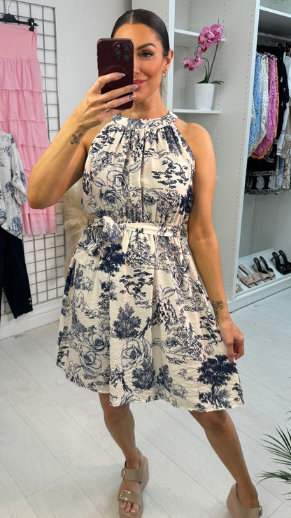 Gracie Printed High Neck Belted Midi Dress