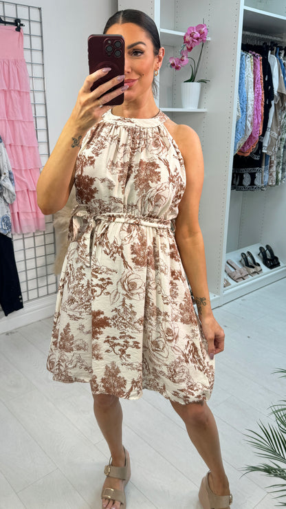 Gracie Printed High Neck Belted Midi Dress