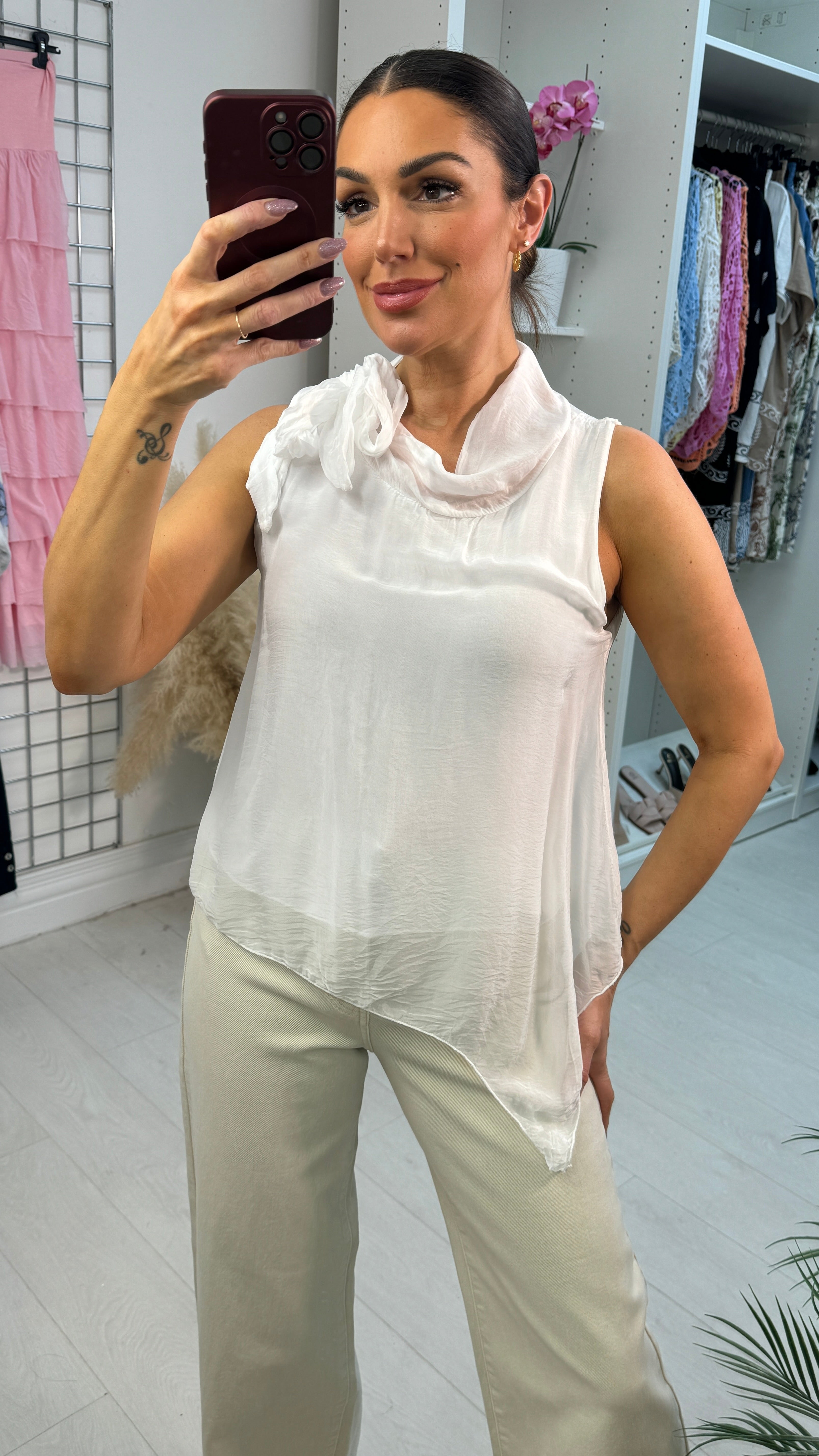 Noray Plain Tie Neck Detail Chiffon Top