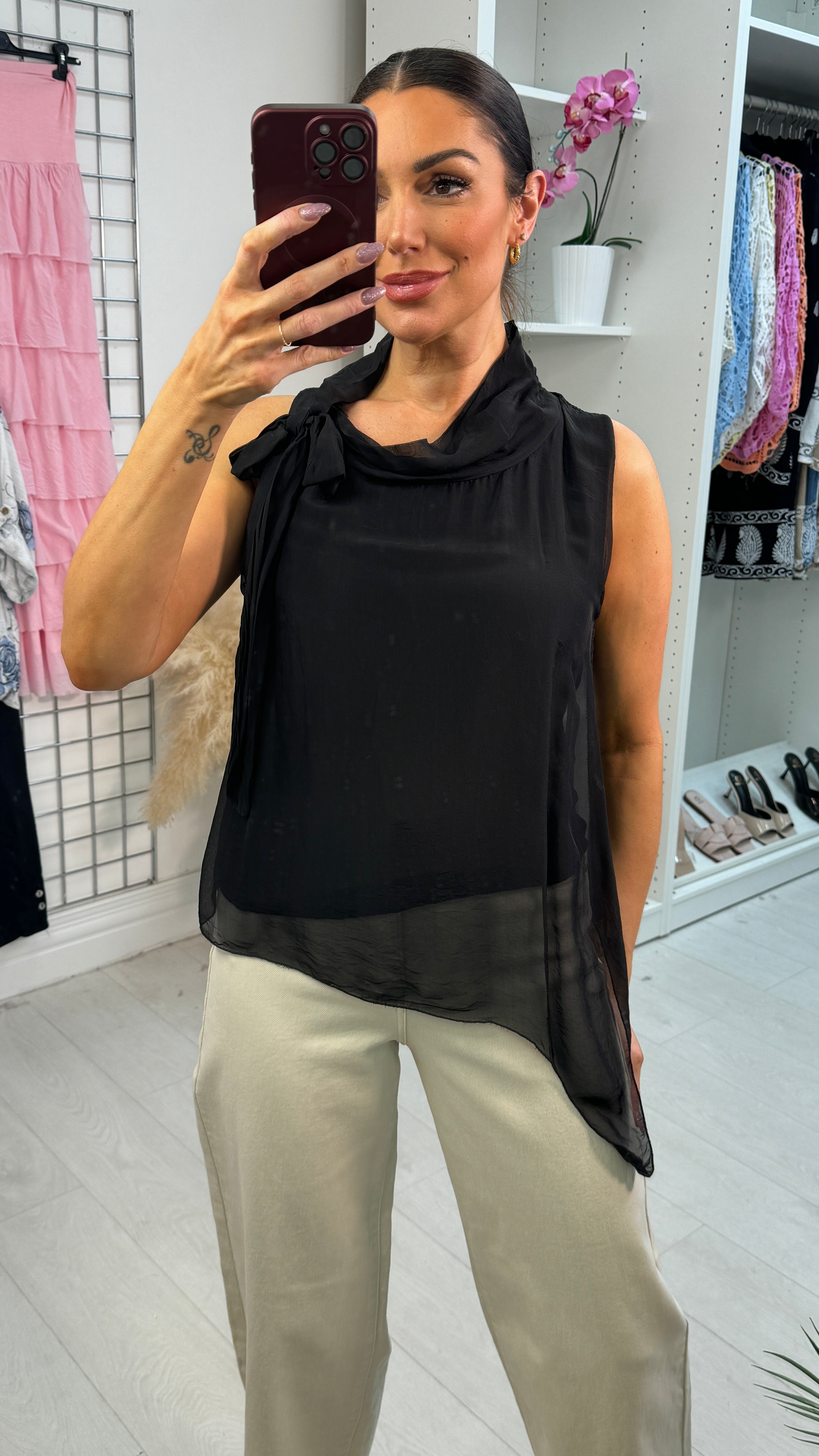 Noray Plain Tie Neck Detail Chiffon Top