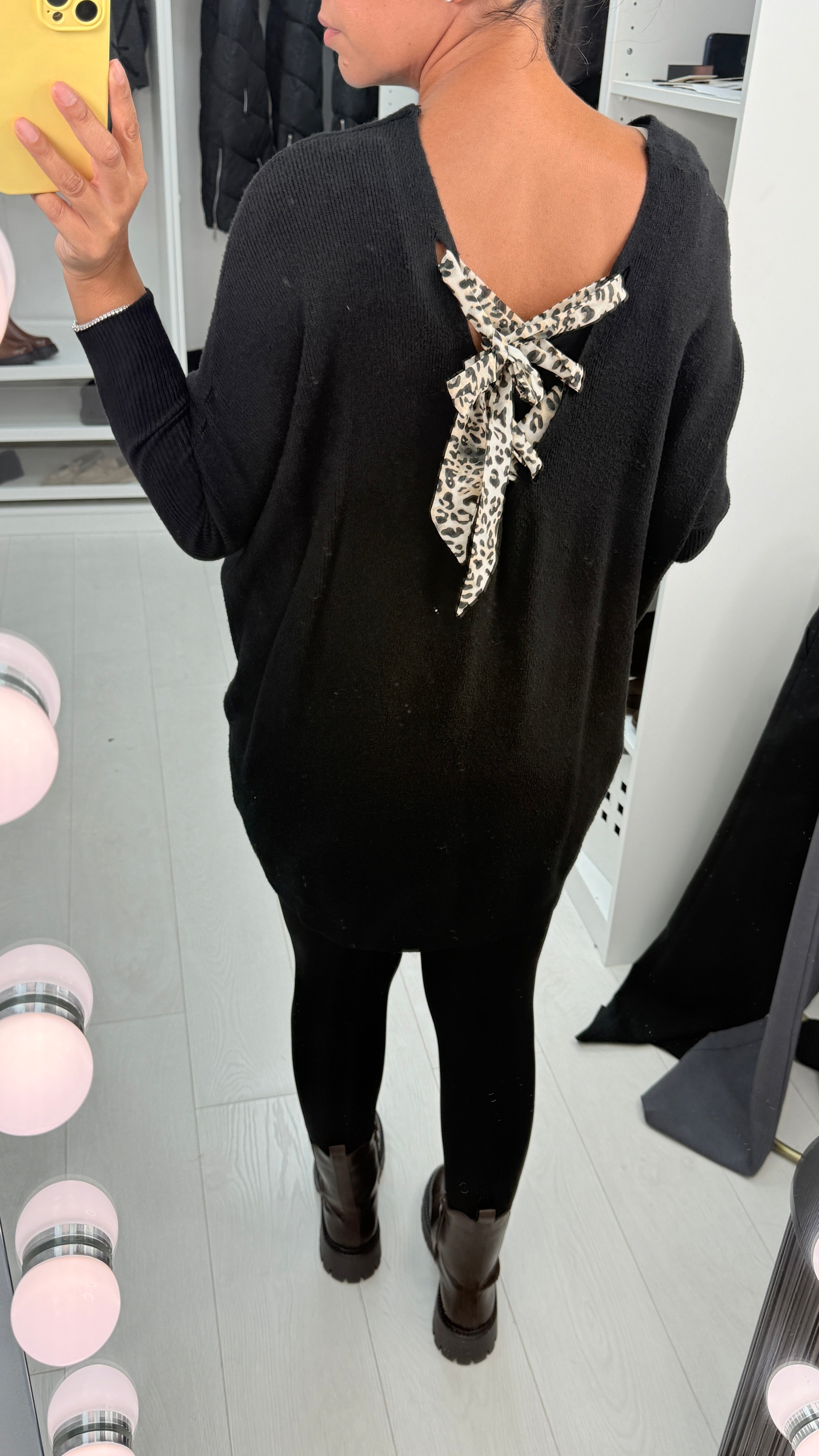 Tuscany Leopard Tie Bow Back Batwing Knitted Jumper