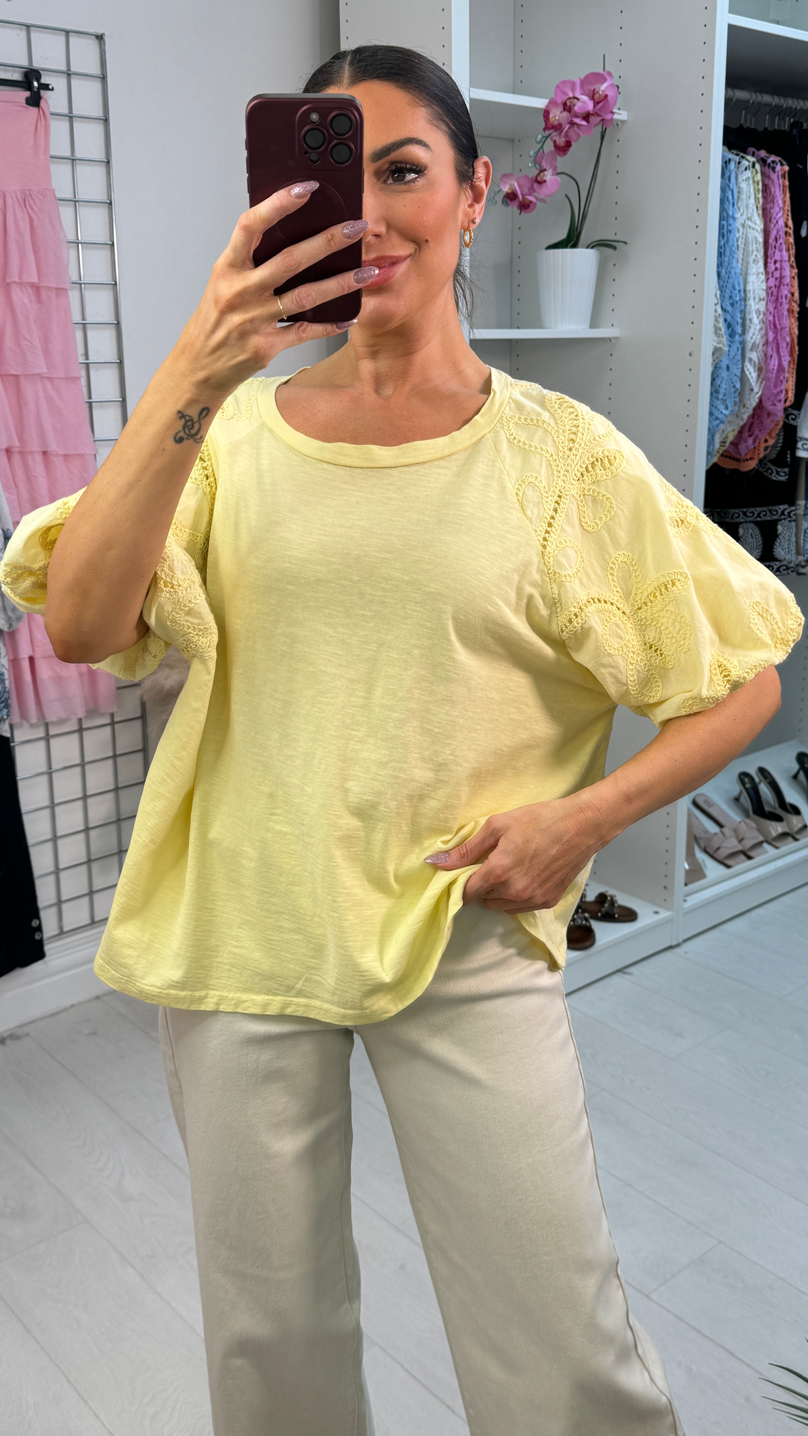 Meleta Plain Embroidered Ballon Sleeve Top