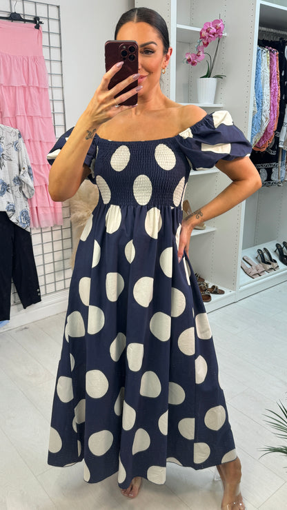 Saffron Polka Dot Ballon Sleeve Poplin Maxi Dress