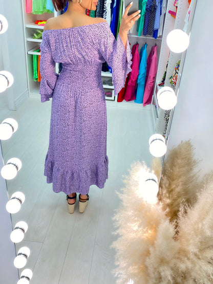 Jinti Lilac Dalmation Print Ruffle Maxi Dress