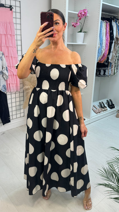 Saffron Polka Dot Ballon Sleeve Poplin Maxi Dress