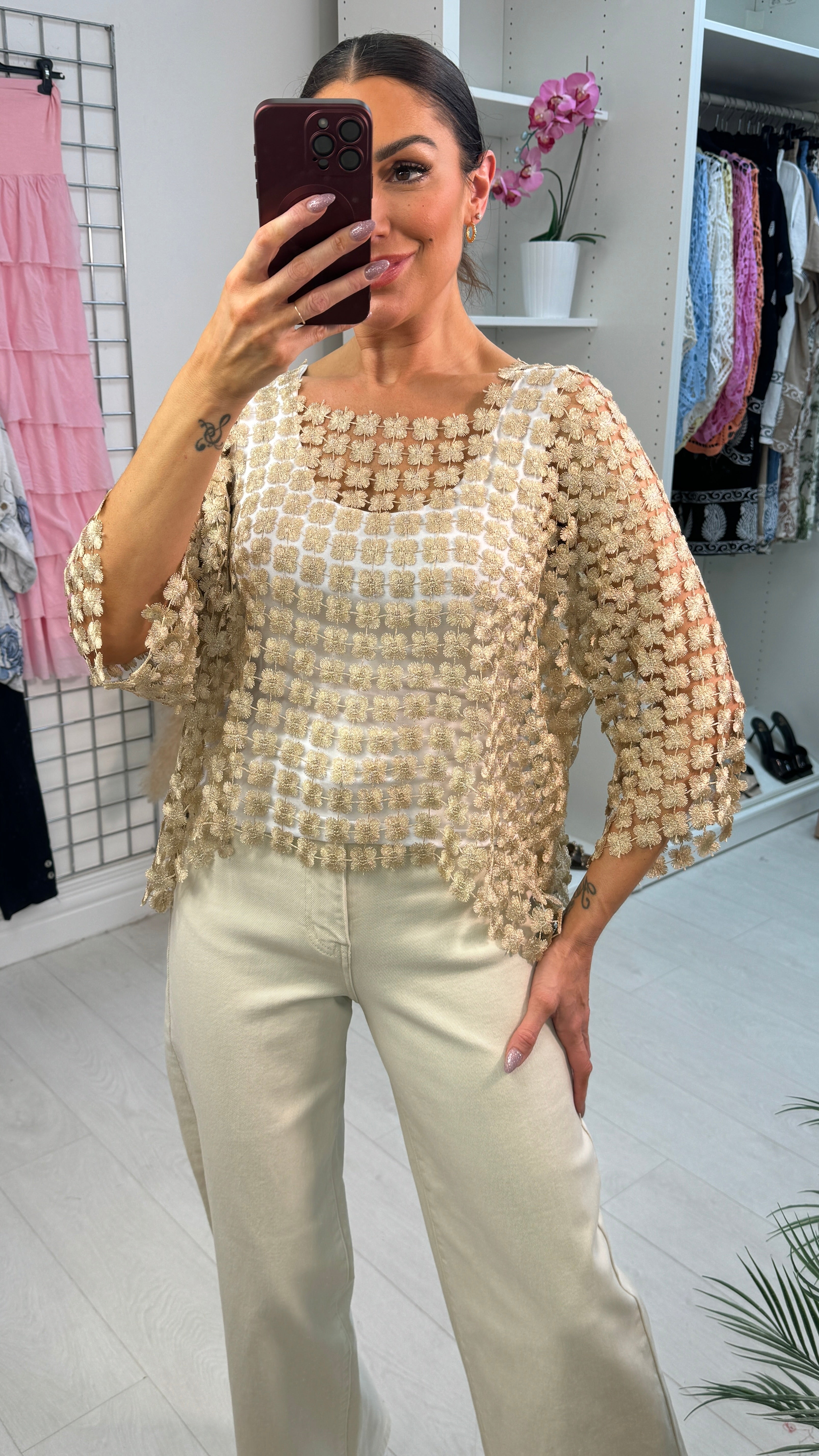 Stephanie Floral Applique Crochet Batwing Top