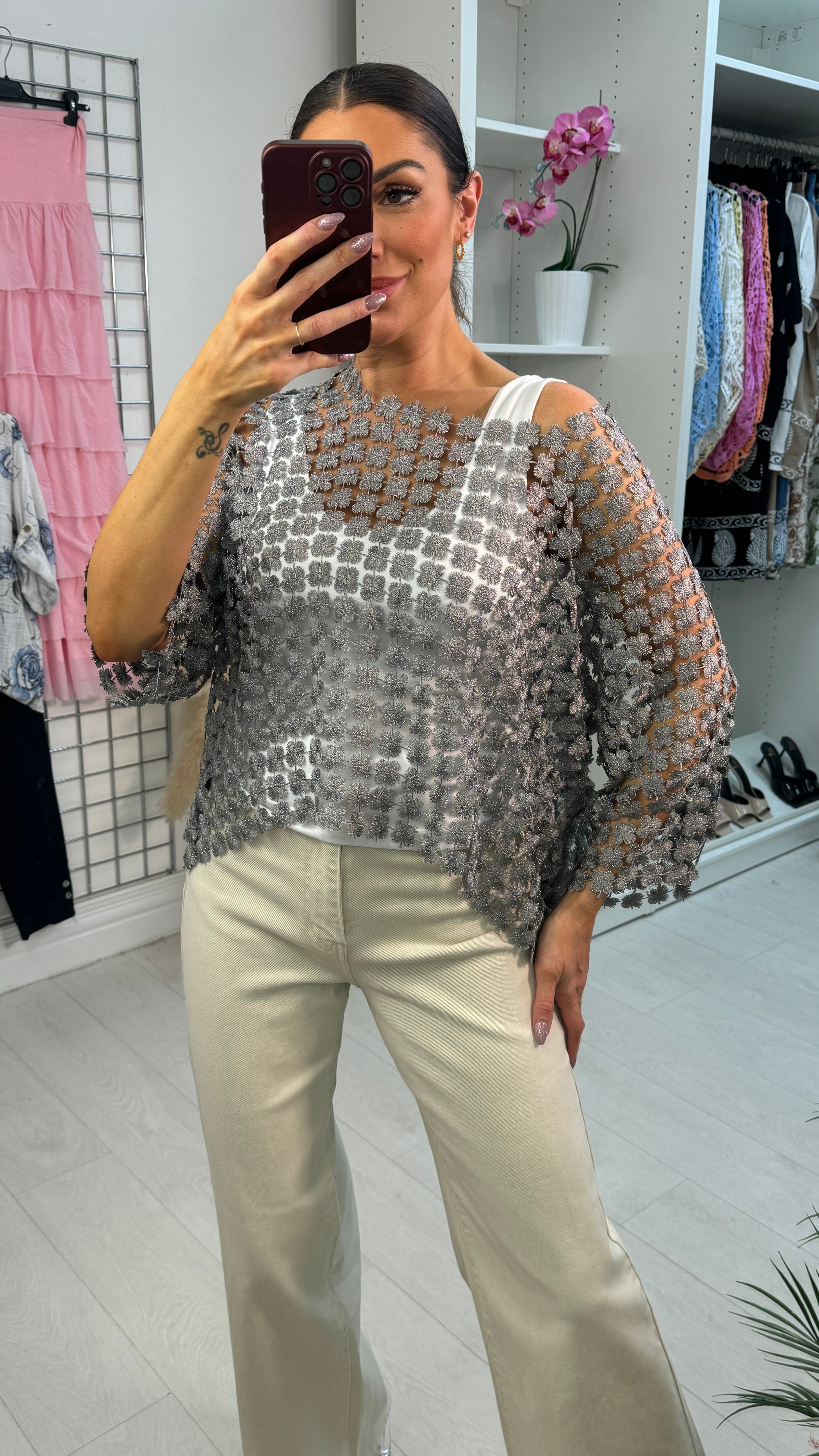 Stephanie Floral Applique Crochet Batwing Top