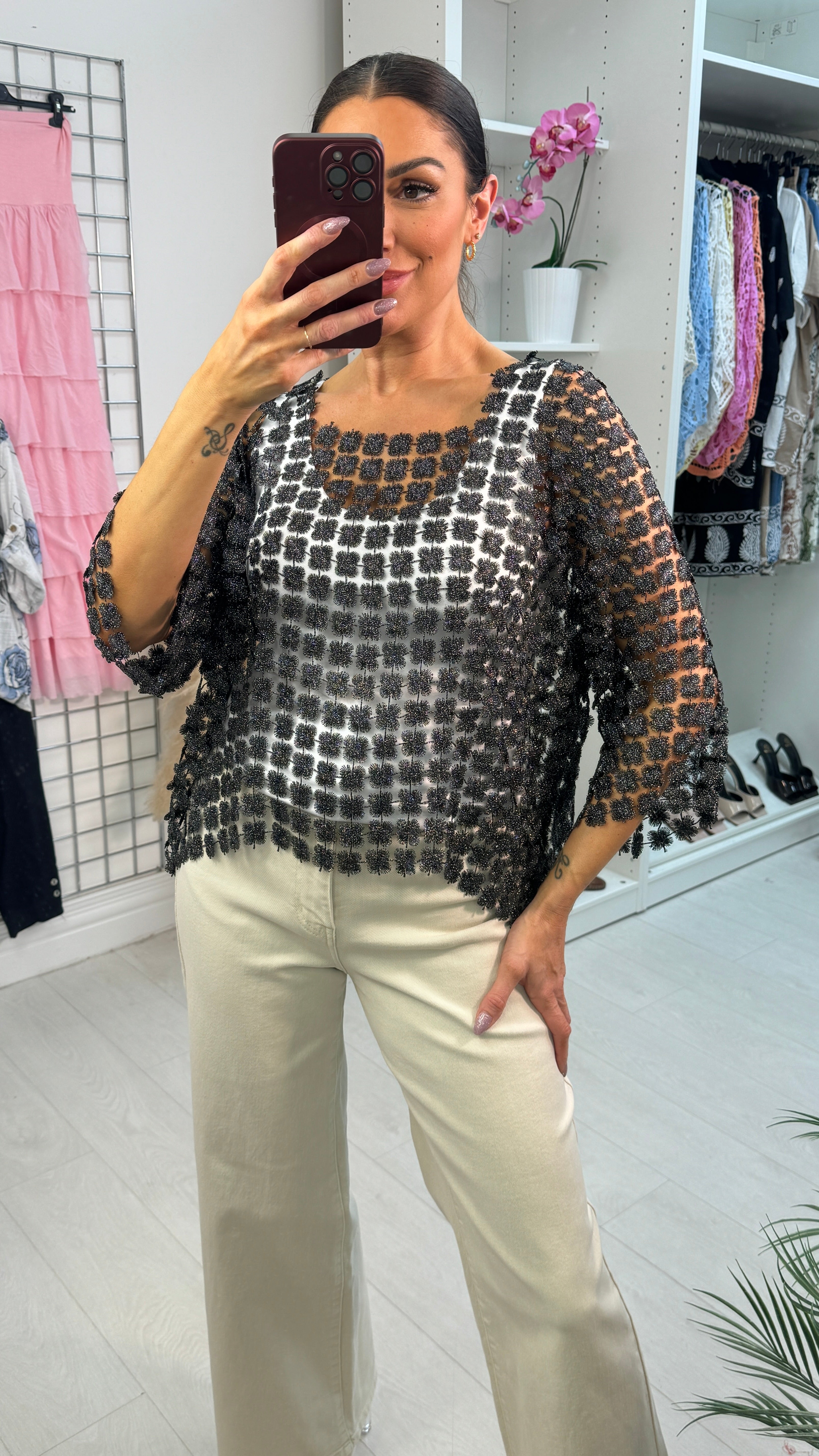 Stephanie Floral Applique Crochet Batwing Top