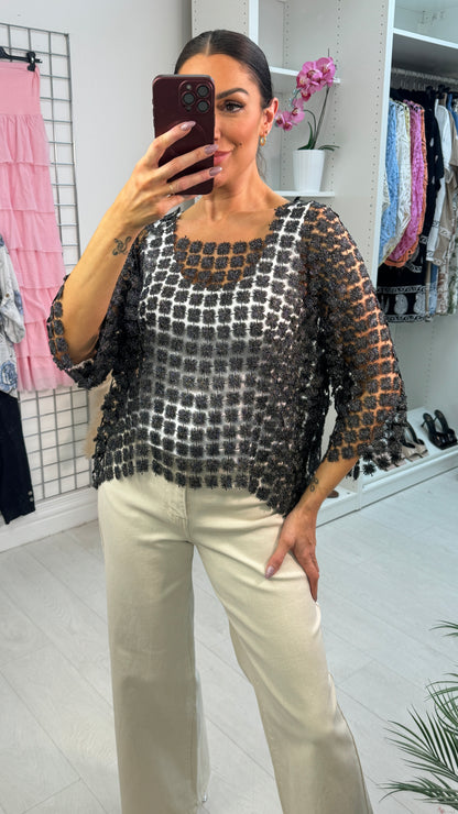 Stephanie Floral Applique Crochet Batwing Top