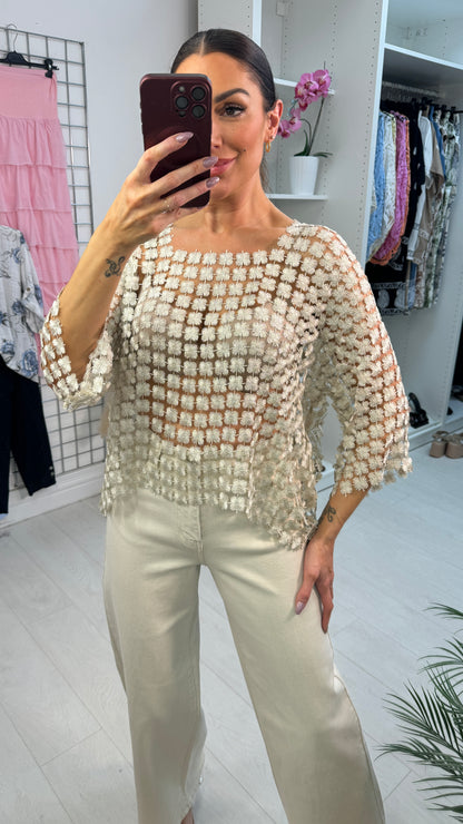 Stephanie Floral Applique Crochet Batwing Top