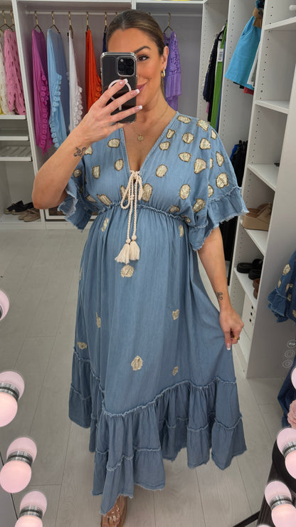 Lillie Embellished Deep V Neck Denim Maxi Dress
