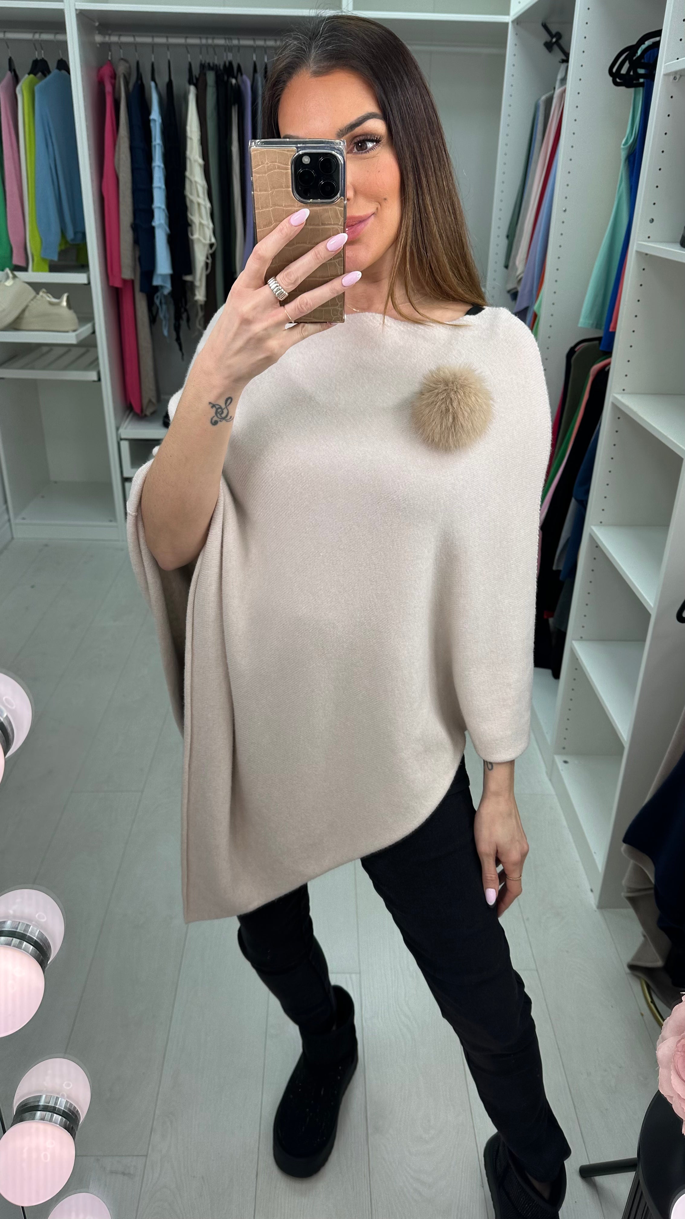 Martina Plain Pom Pom Brooch Asymmetric Poncho