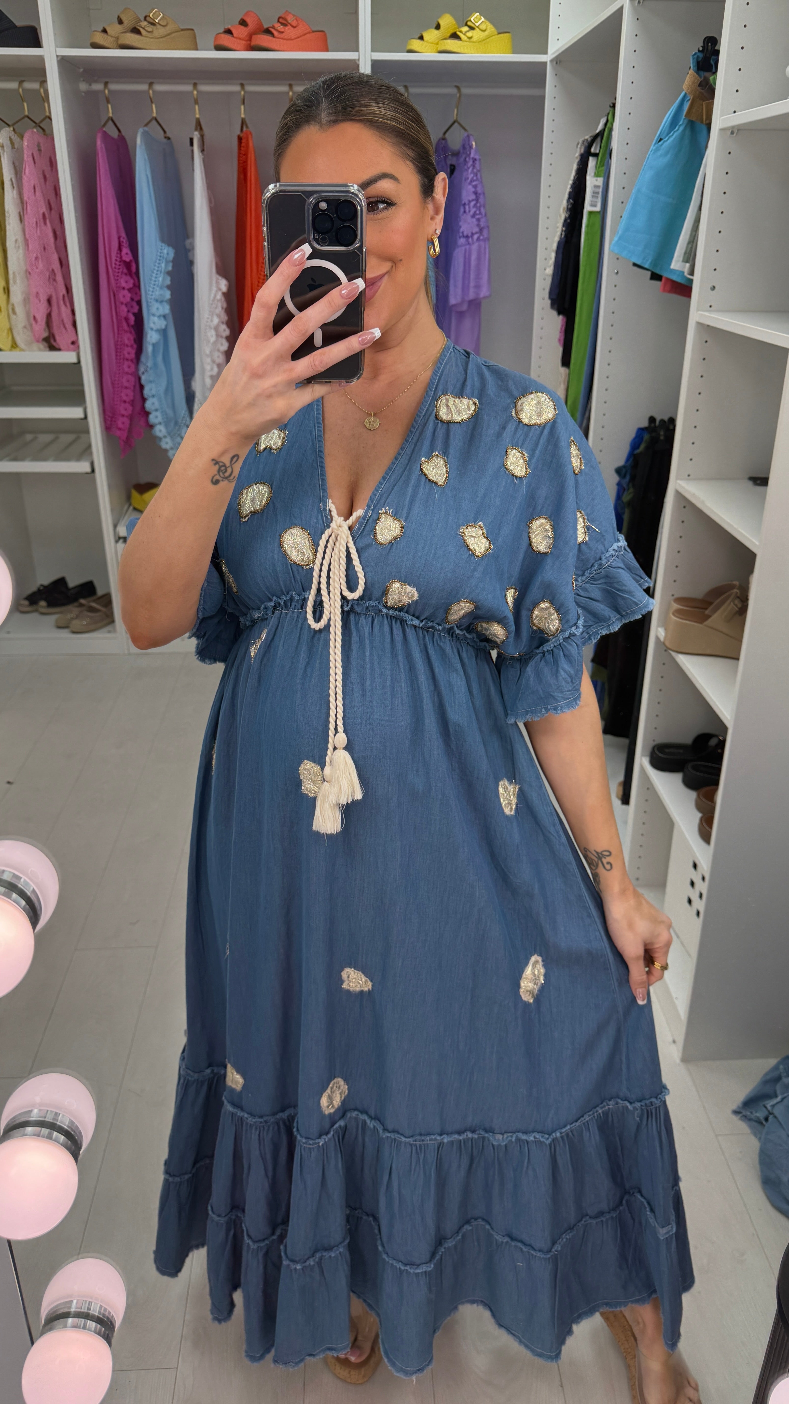 Lillie Embellished Deep V Neck Denim Maxi Dress