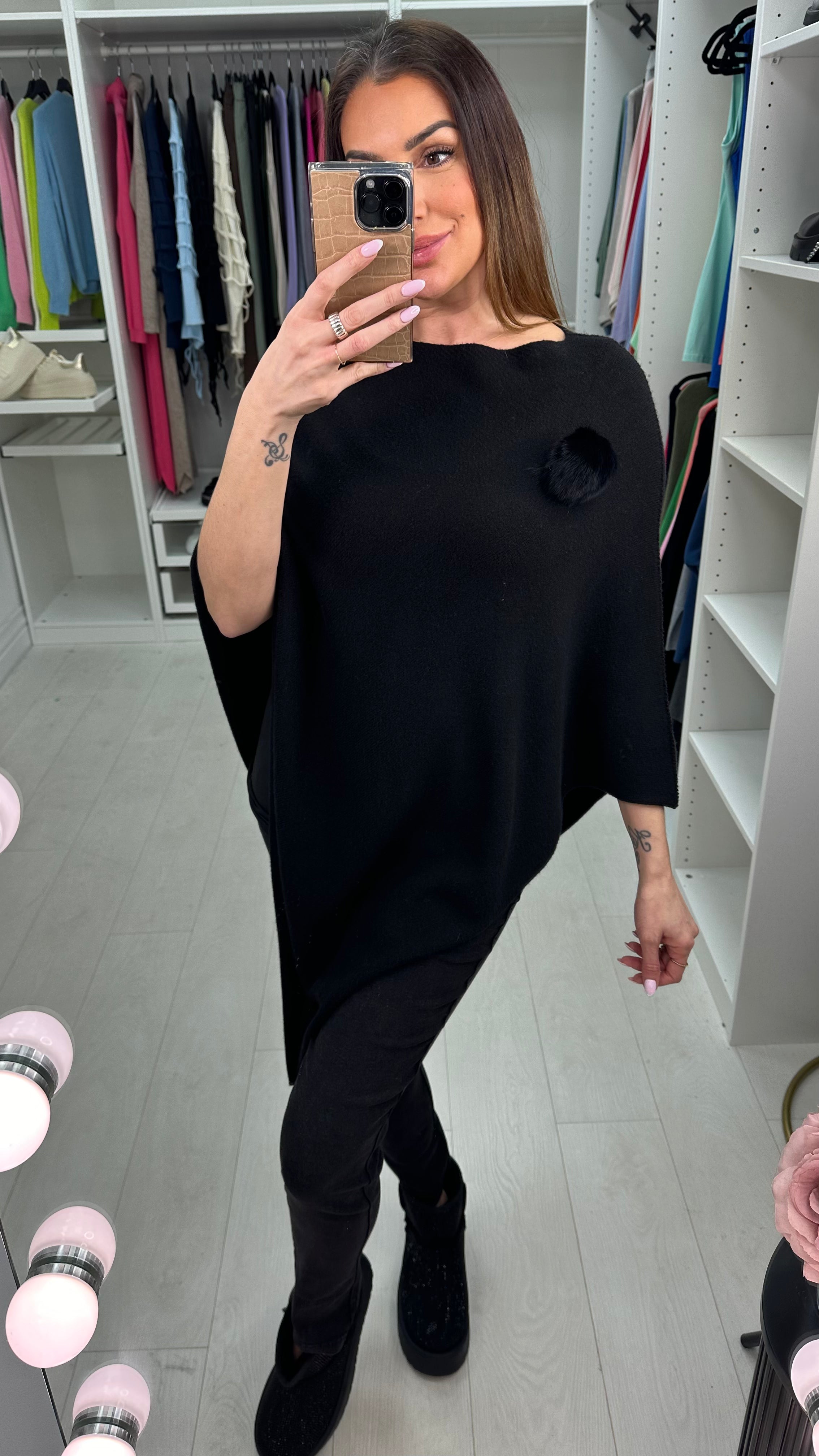 Martina Plain Pom Pom Brooch Asymmetric Poncho