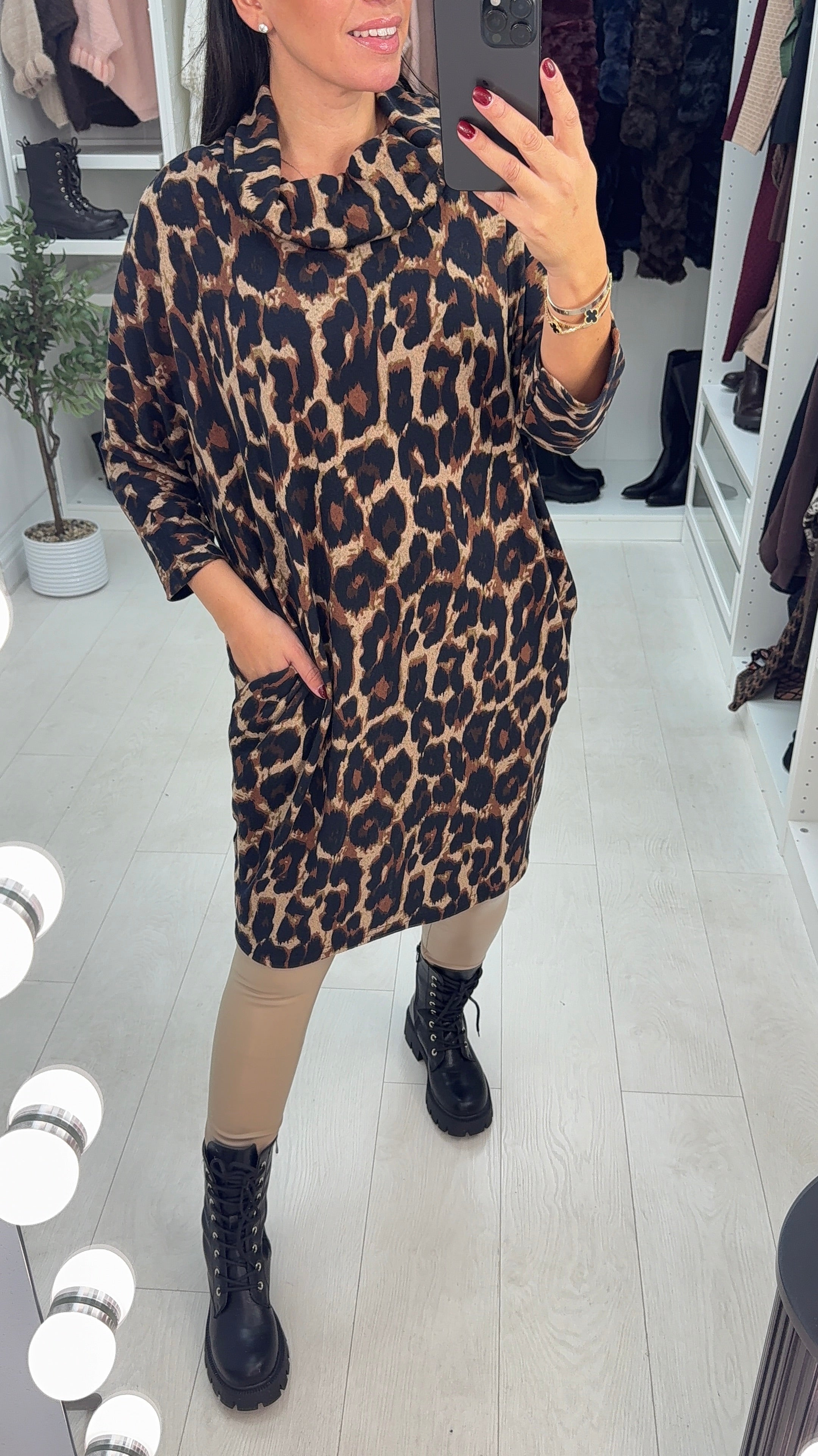 Rosalia Leopard Print Cowl Neck Jumper Dress