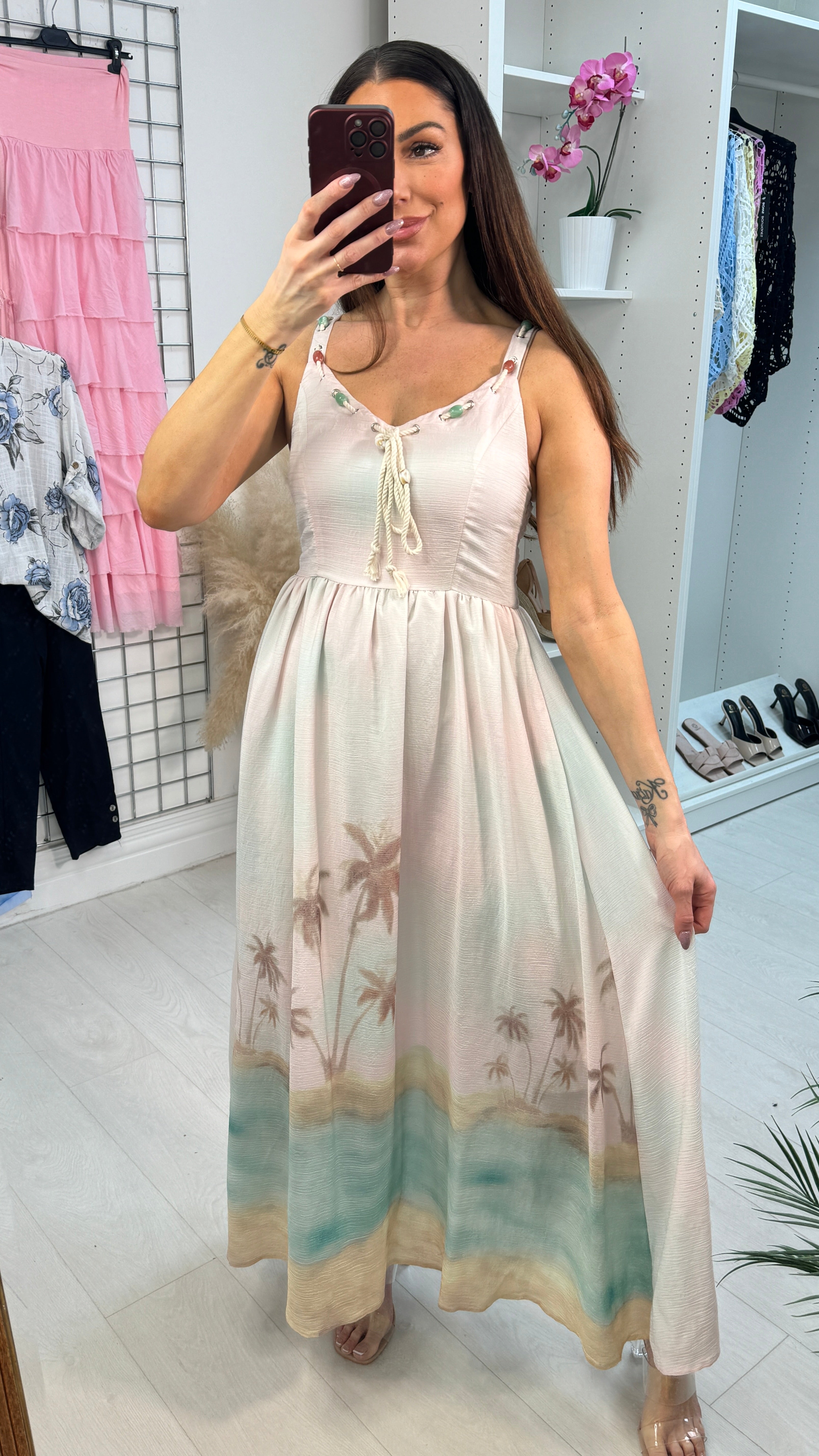 Celestia Beach Pattern Embellished Neckline Maxi Dress