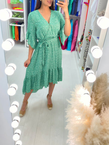 Jia Emerald Ditsy Print Ruffle Dip Hem Dress