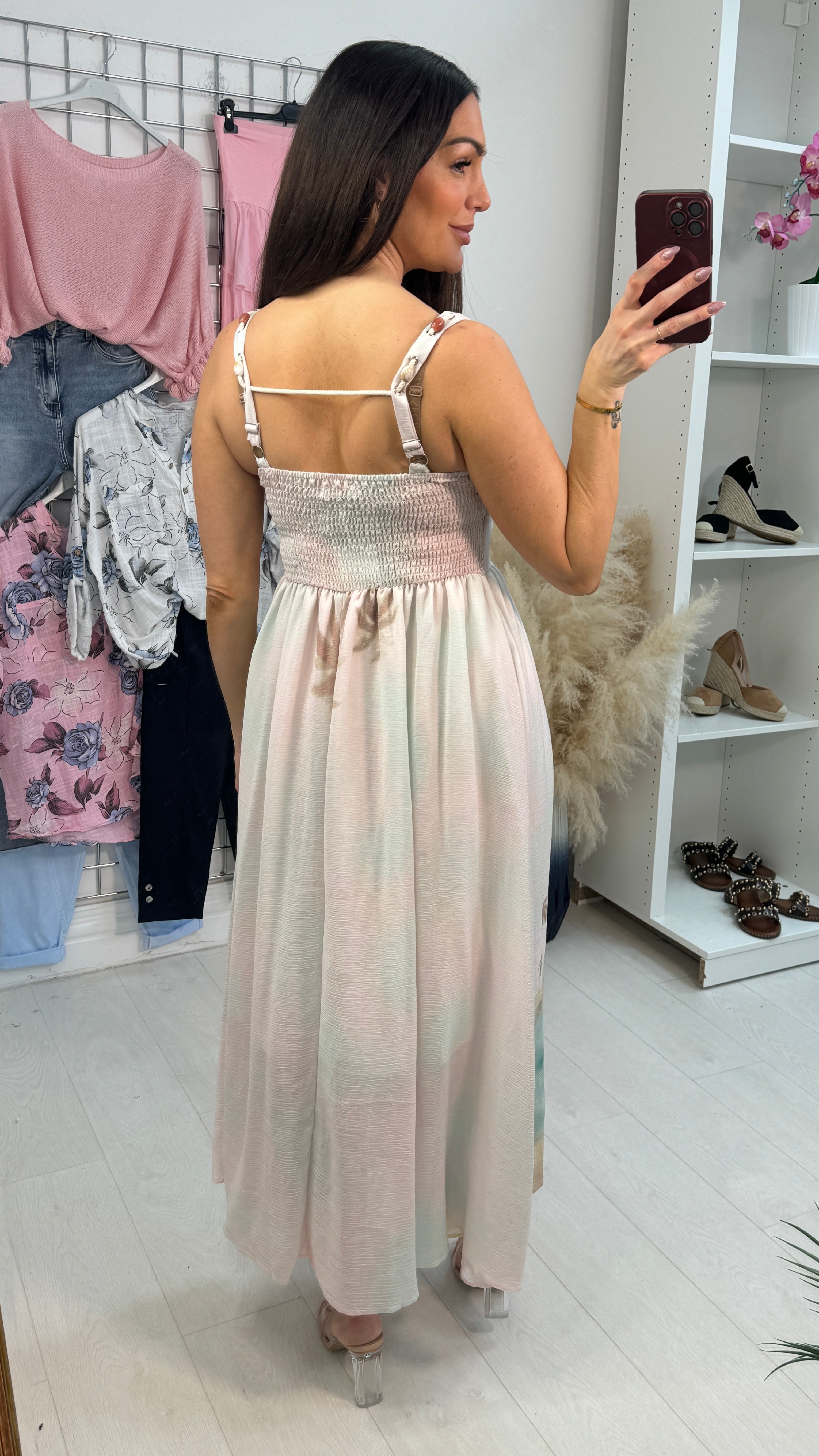 Celestia Beach Pattern Embellished Neckline Maxi Dress