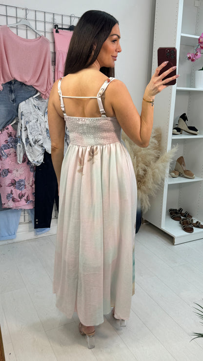 Celestia Beach Pattern Embellished Neckline Maxi Dress