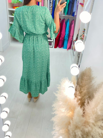 Jia Emerald Ditsy Print Ruffle Dip Hem Dress