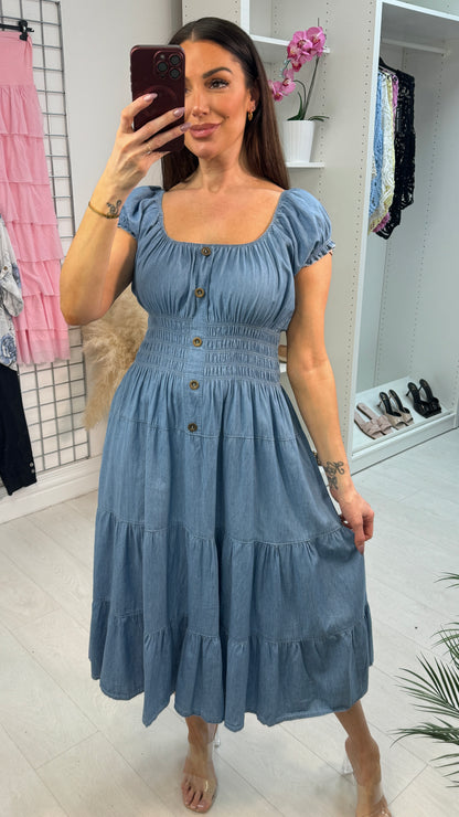 Renalia Denim Button Detailed Shirred Waist Dress