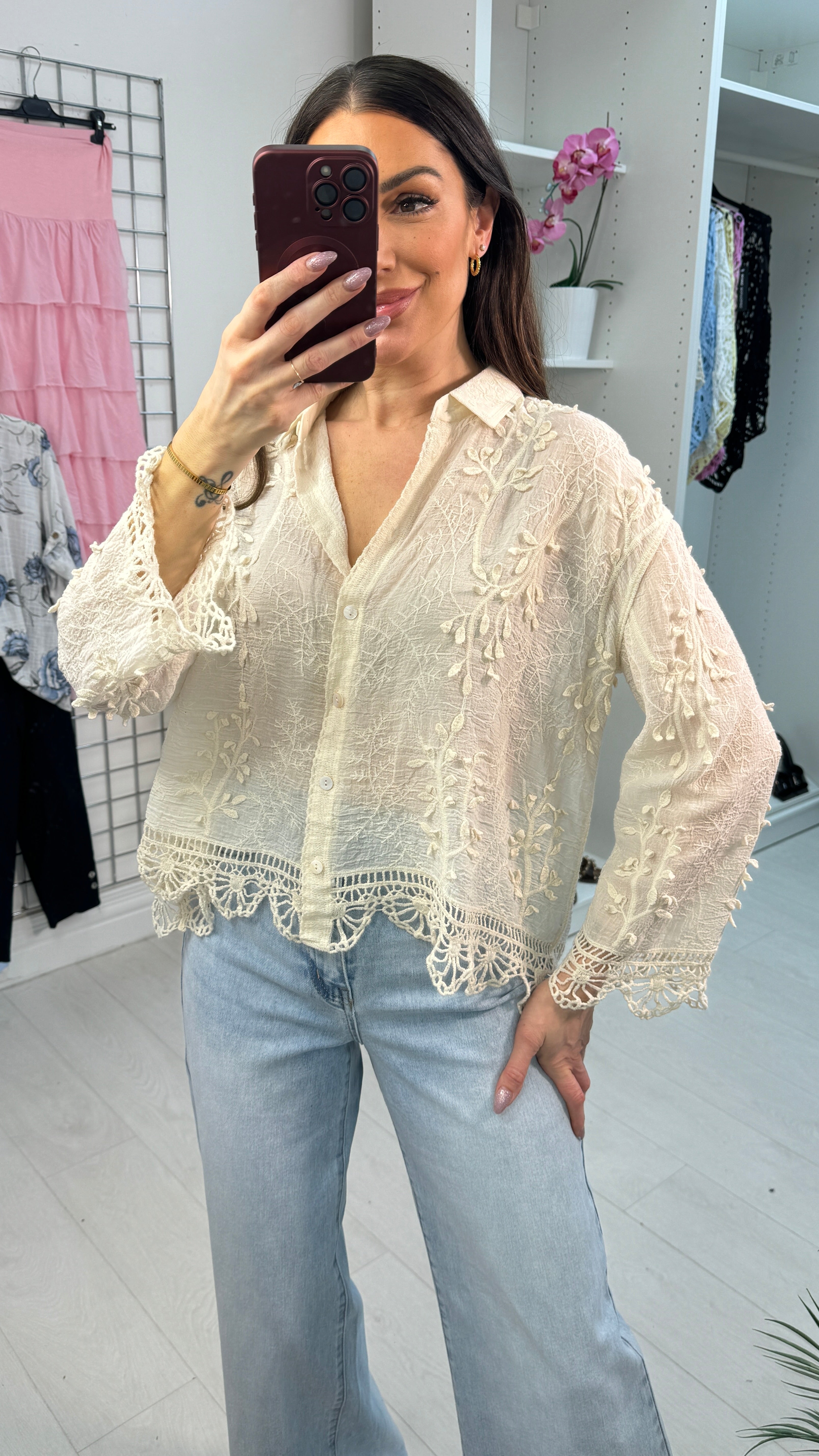 Lynda Loose Fit Crochet Hem Shirt