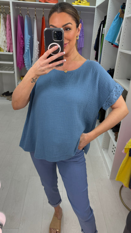 Biba Plain Broderie Anglaise Detailed Cheesecloth Top