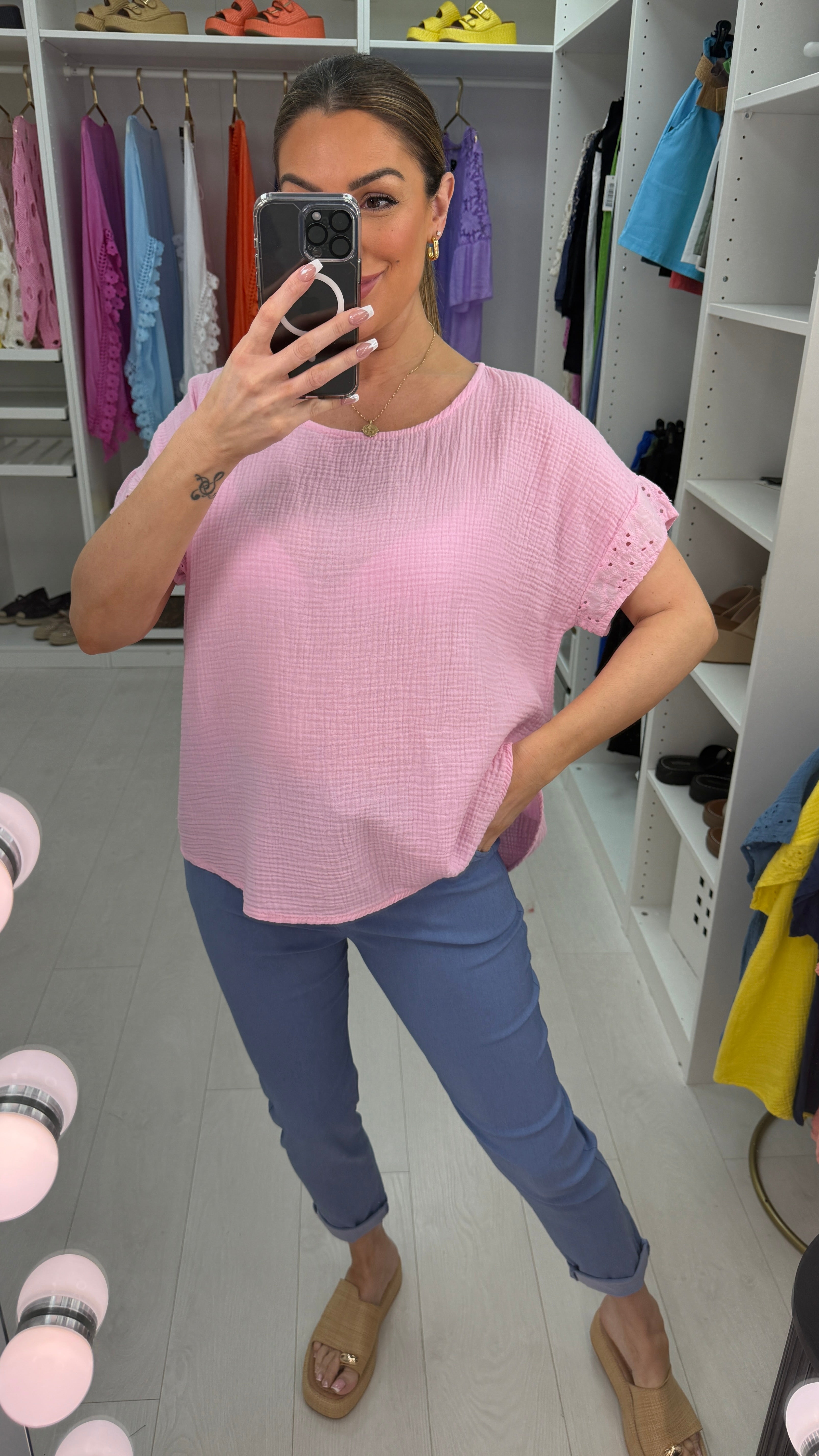 Biba Plain Broderie Anglaise Detailed Cheesecloth Top