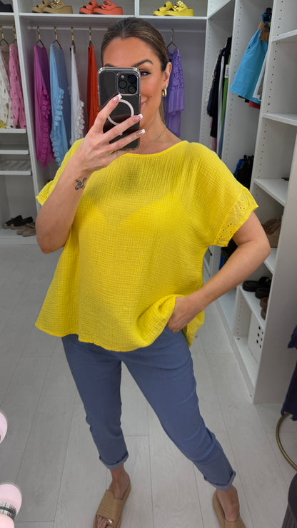 Biba Plain Broderie Anglaise Detailed Cheesecloth Top