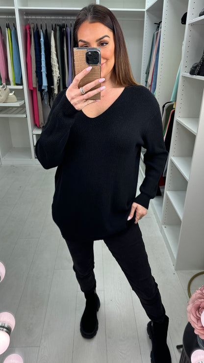 Junie Ribbed Plain V-neck Loose Fit Knit Jumper