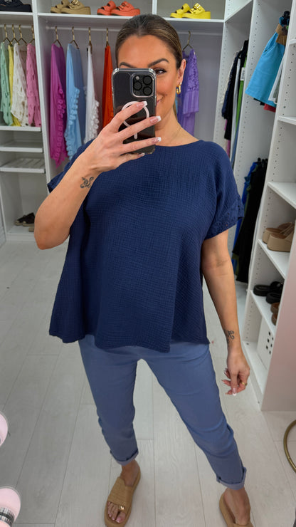 Biba Plain Broderie Anglaise Detailed Cheesecloth Top