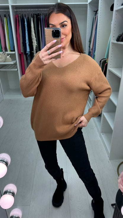 Junie Ribbed Plain V-neck Loose Fit Knit Jumper