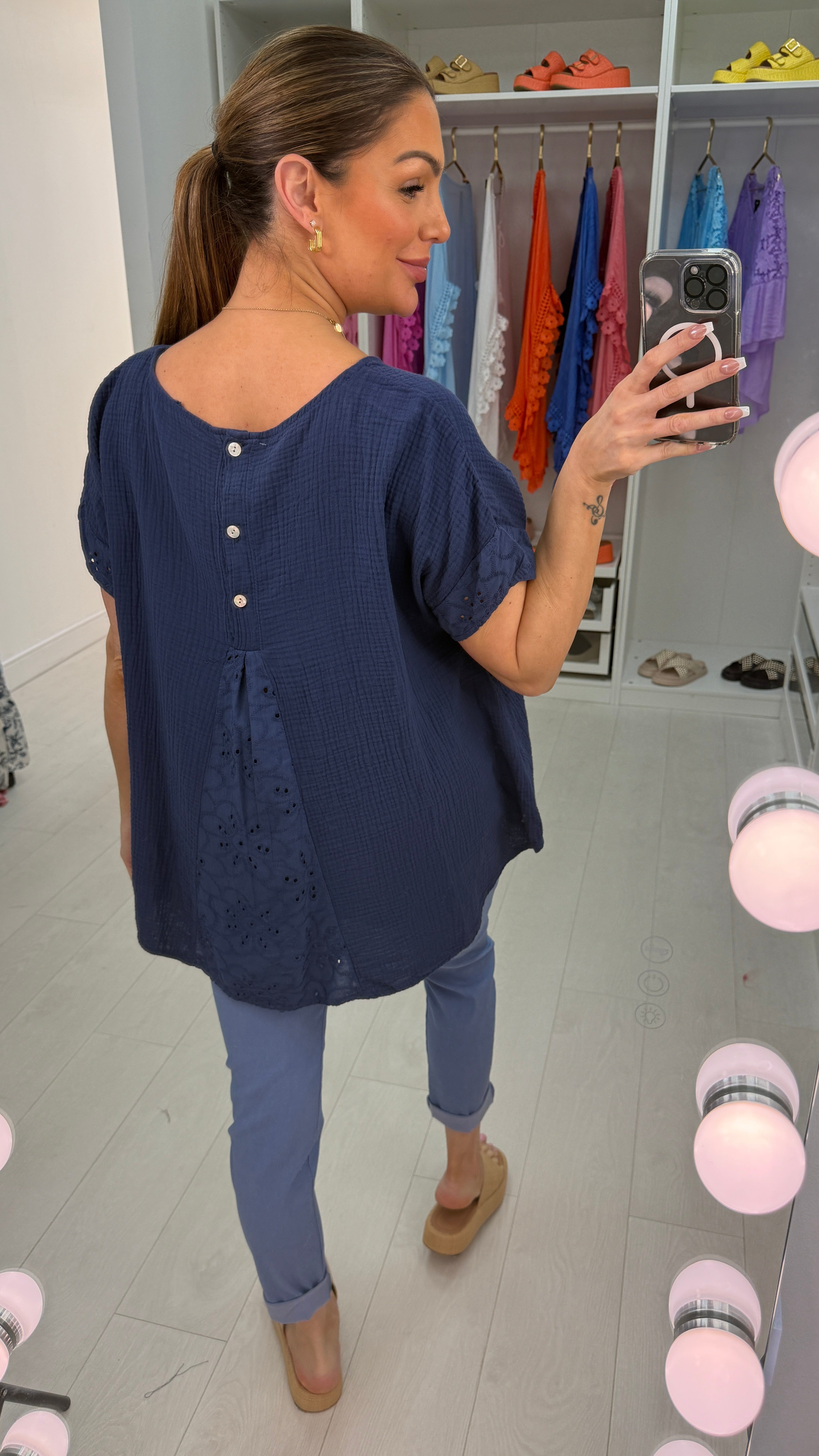 Biba Plain Broderie Anglaise Detailed Cheesecloth Top