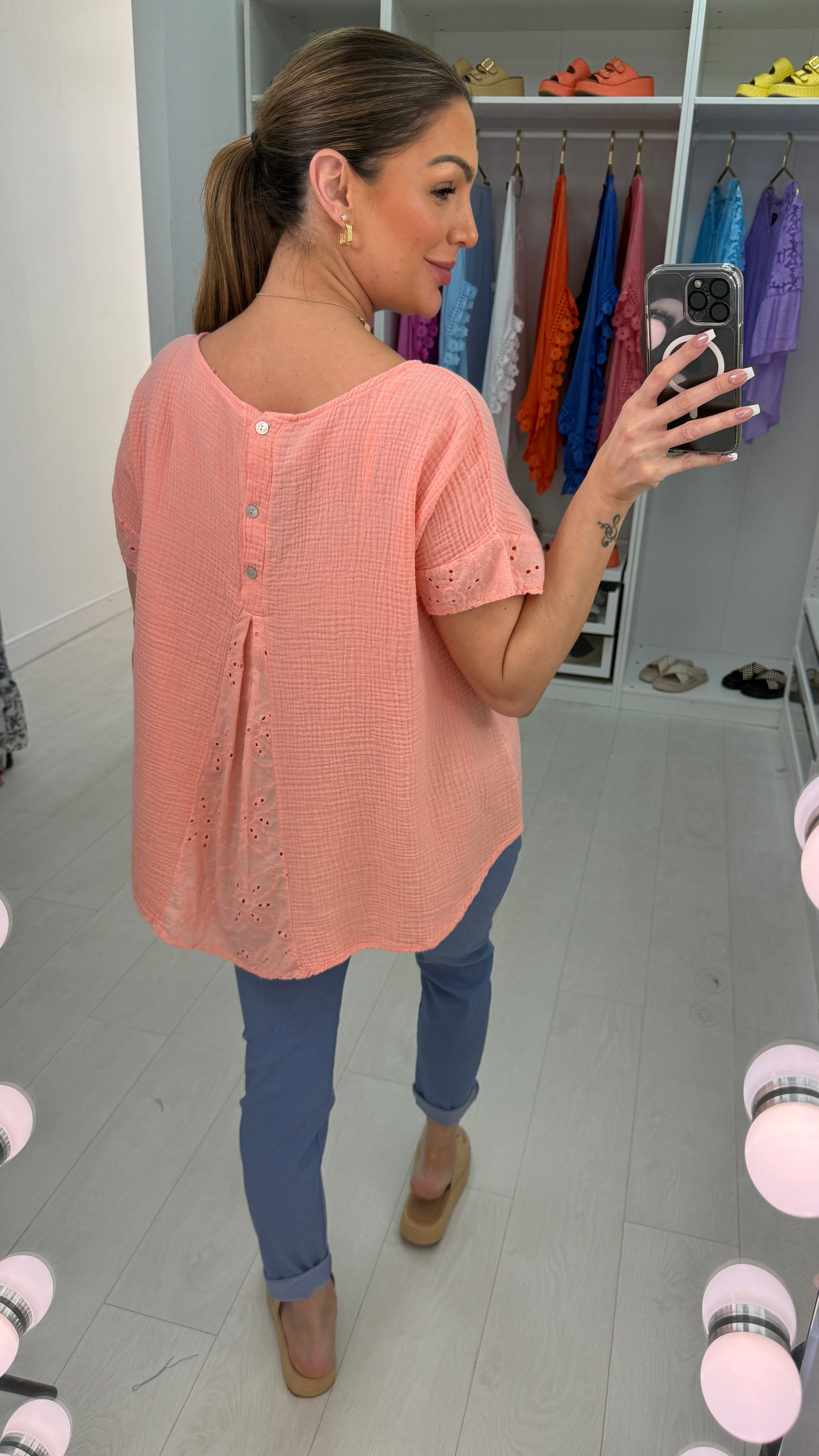 Biba Plain Broderie Anglaise Detailed Cheesecloth Top