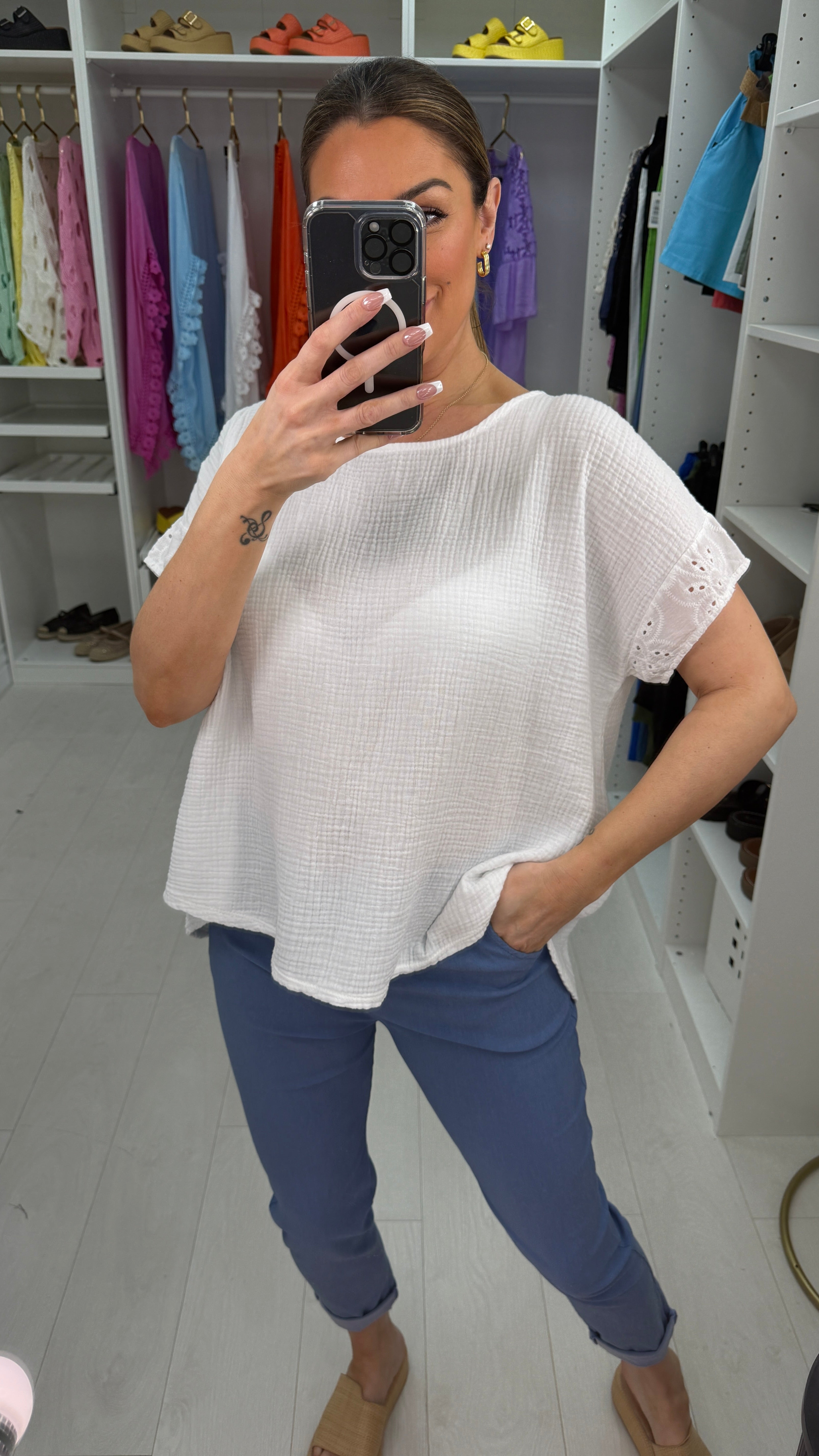 Biba Plain Broderie Anglaise Detailed Cheesecloth Top