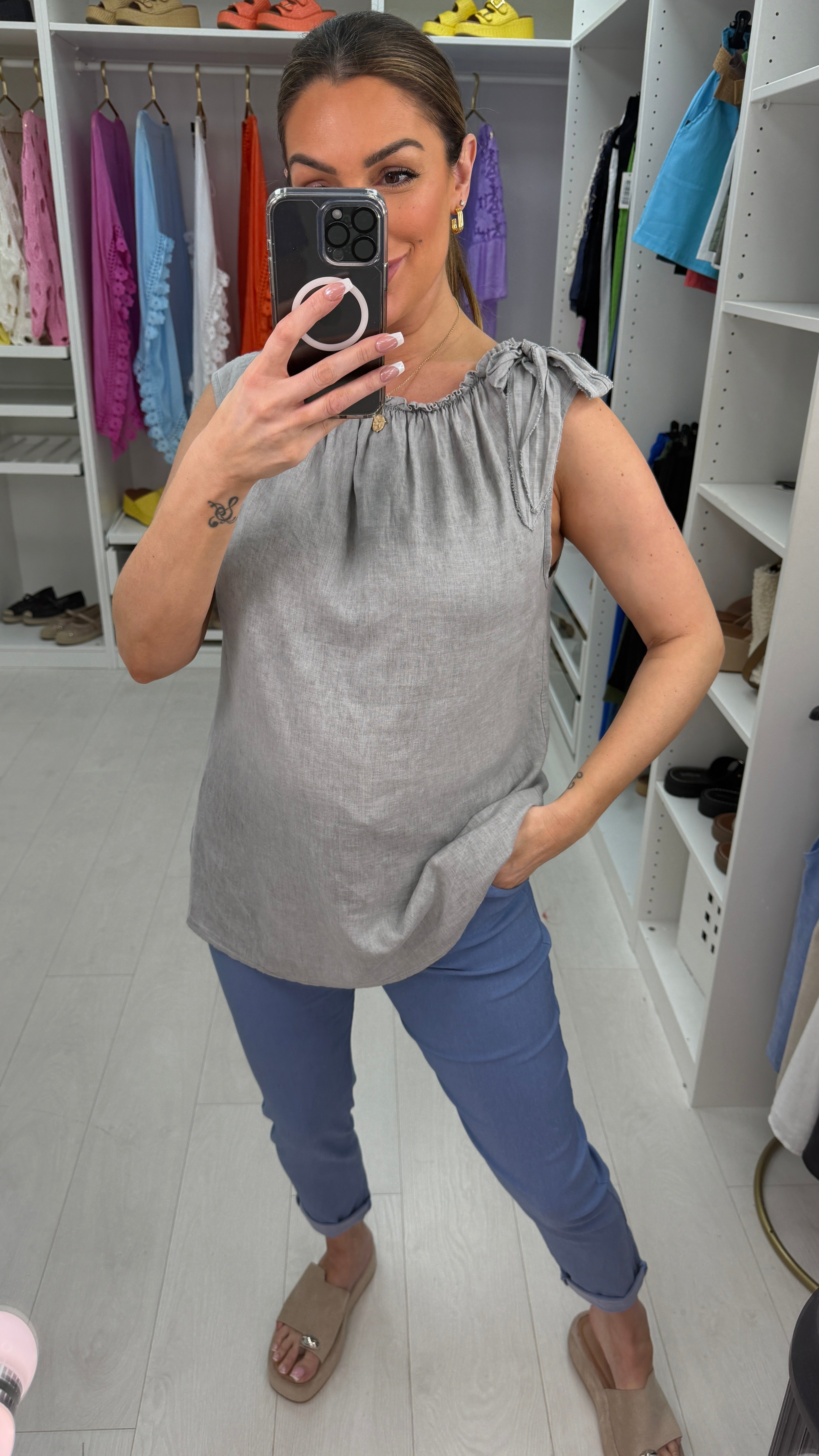 Ines Plain Tie Detail Linen Top