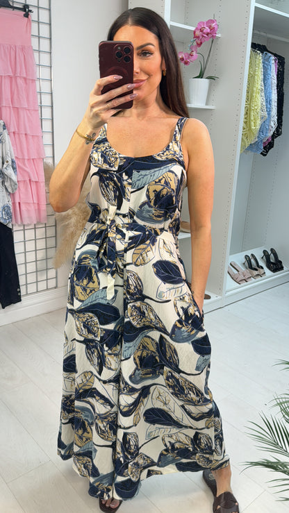 Brookey Leaf Print Belted Loose Fit Jumpsuit