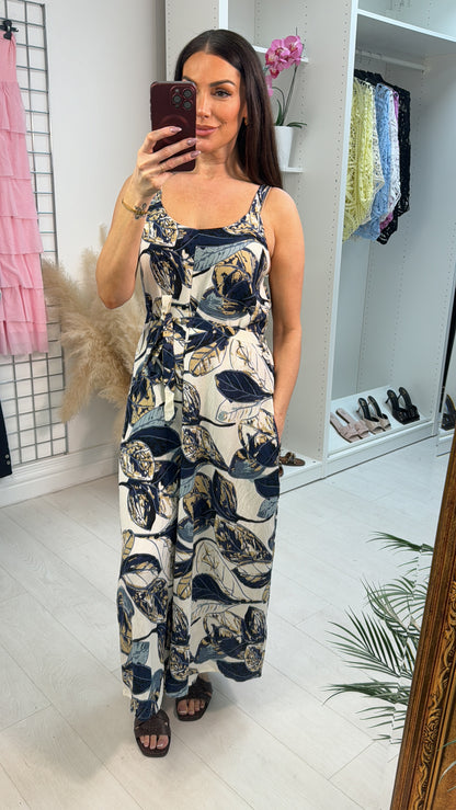 Brookey Leaf Print Belted Loose Fit Jumpsuit
