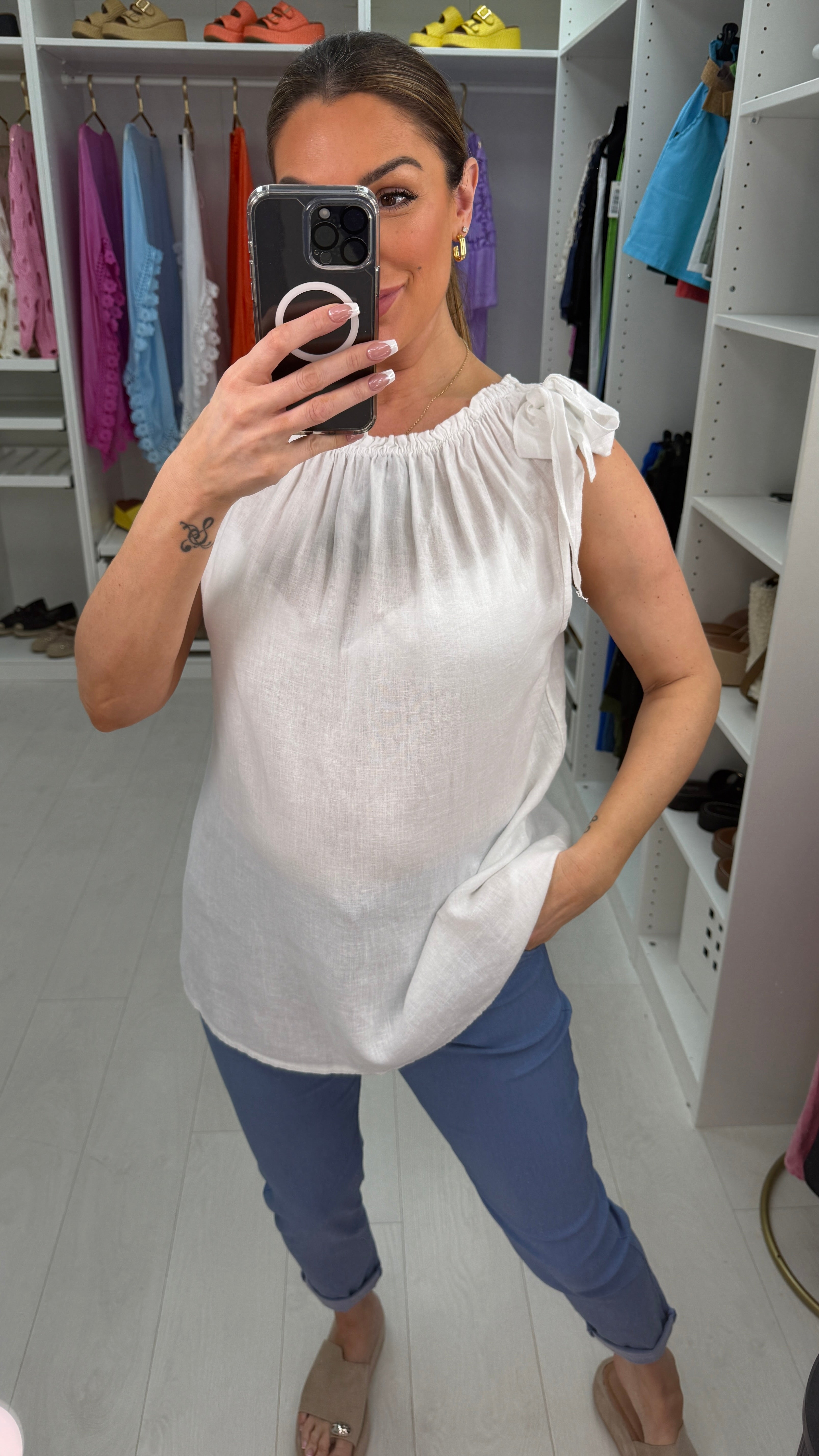 Ines Plain Tie Detail Linen Top