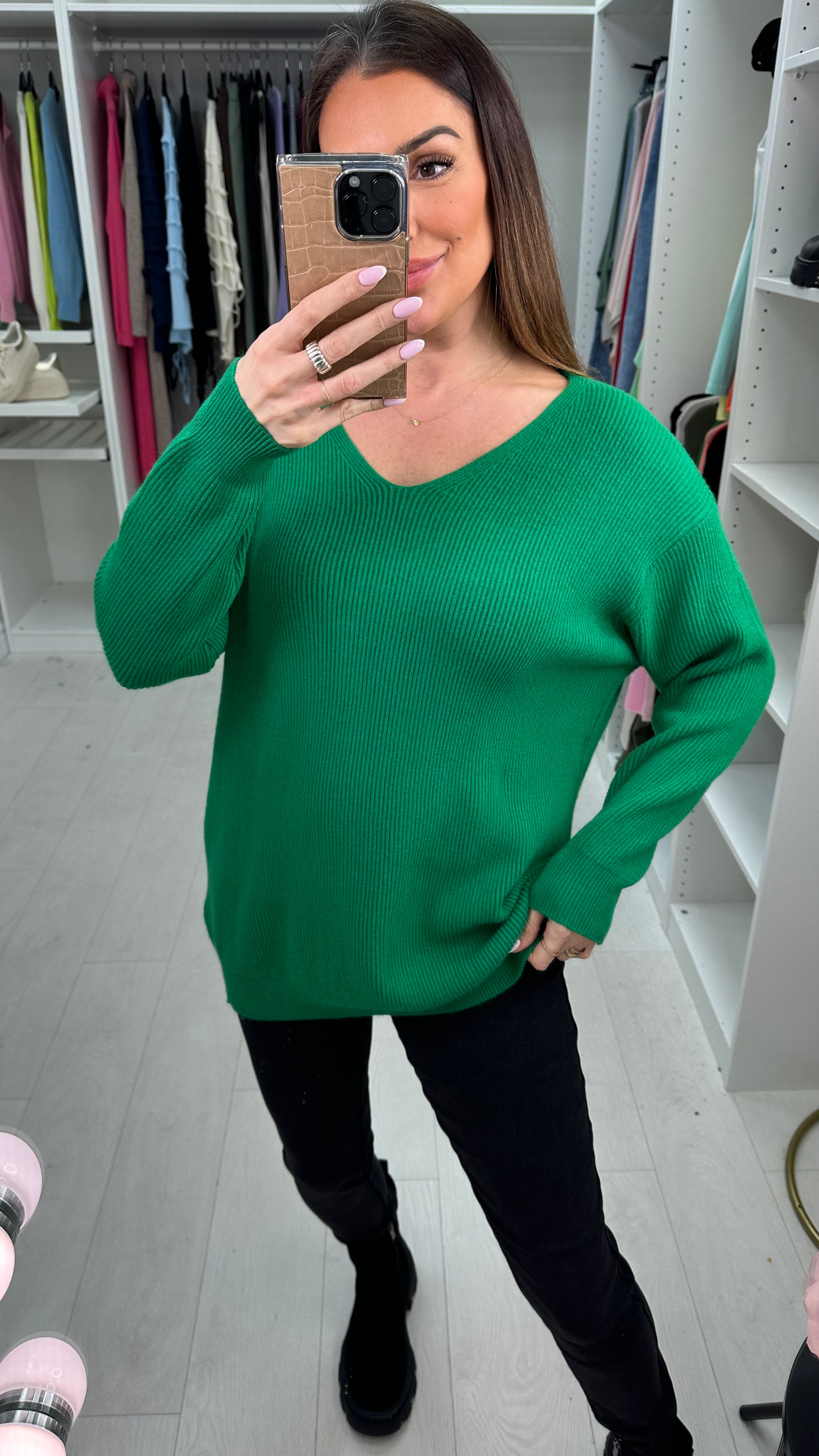 Junie Ribbed Plain V-neck Loose Fit Knit Jumper