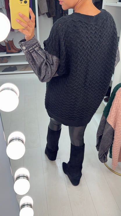 Meko Textured V Neck Denim Sleeve Jumper