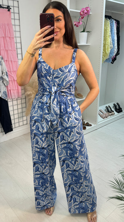 Kenney Leaf Print Tie Front Wide Leg Jumpsuit