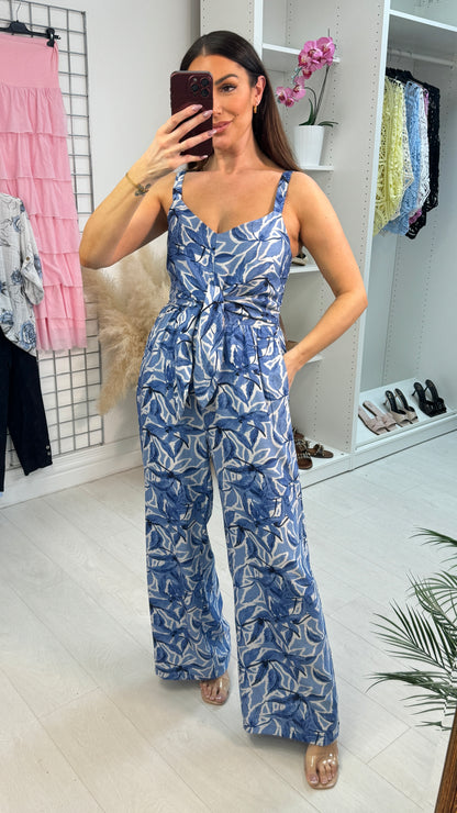 Kenney Leaf Print Tie Front Wide Leg Jumpsuit