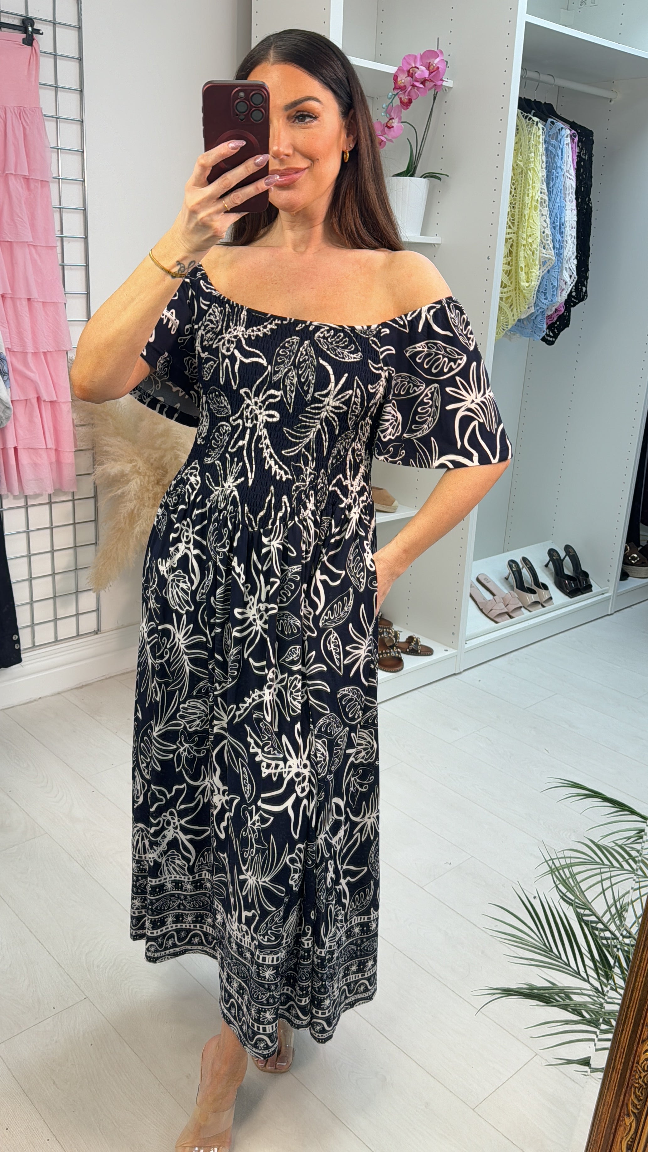Tabatha Leaf Print Shirred Bust Magic Maxi Dress
